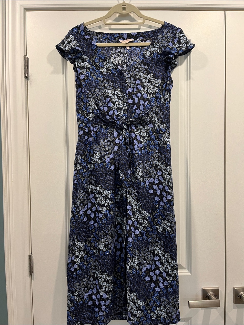 Blue Floral Midi Dress with Tie Waist